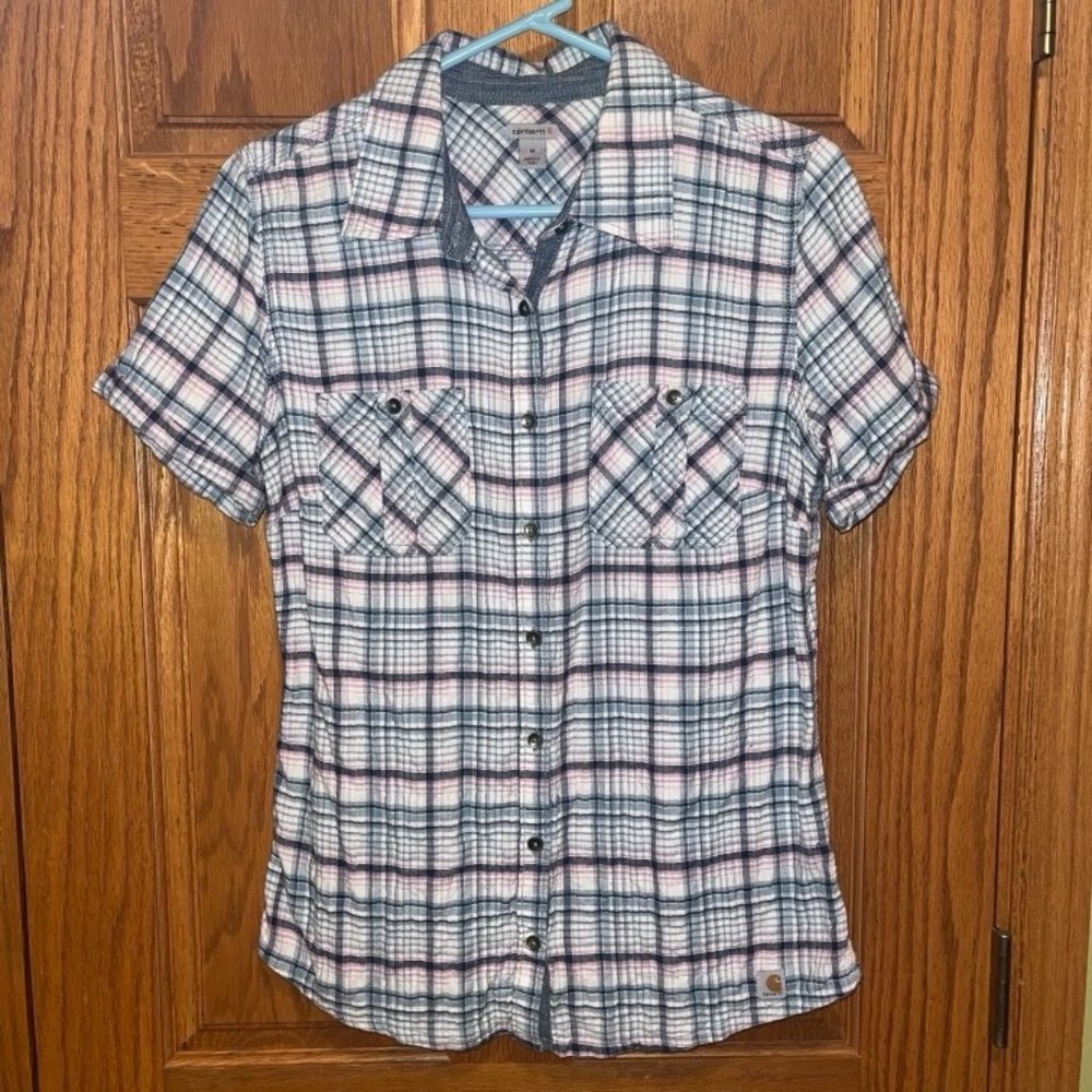Carhartt Women's Short Sleeve Plaid Button Down Shirt M Medium